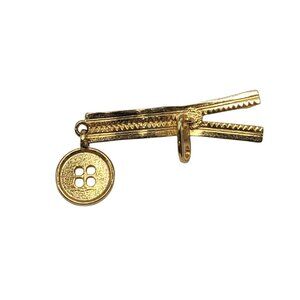 Vtg Gold-Tone 1928 Zipper Brooch With Dangling Button Charm Whimsical Sewing Pin